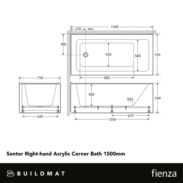 Fienza Sentor Right Hand Acrylic Corner Bath 1500mm White