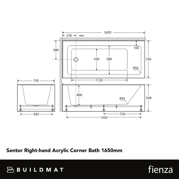 Fienza Sentor Right Hand Acrylic Corner Bath 1650mm White