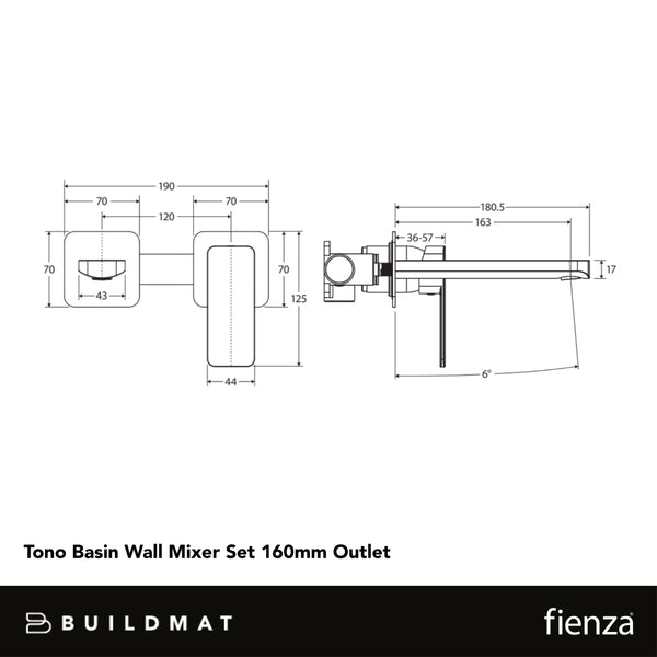 Fienza Tono Basin Wall Mixer Set Square Plates 160mm Outlet Urban Brass