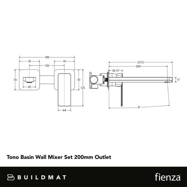 Fienza Tono Basin Wall Mixer Set Square Plates 200mm Outlet Urban Brass