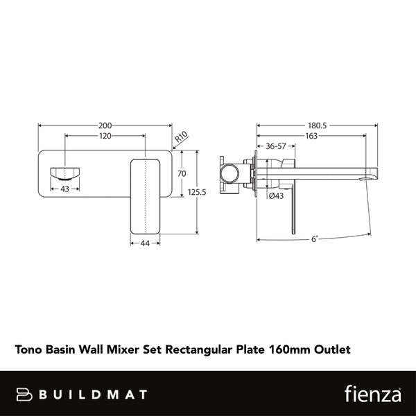 Fienza Tono Basin Wall Mixer Set Rectangular Plate 160mm Outlet Urban Brass