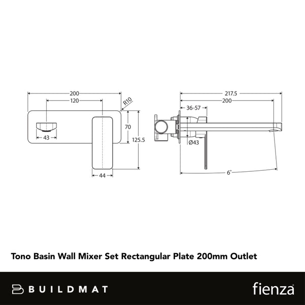 Fienza Tono Basin Wall Mixer Set Rectangular Plate 200mm Outlet Urban Brass