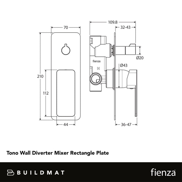 Fienza Tono Wall Diverter Mixer Rectangular Plate Urban Brass
