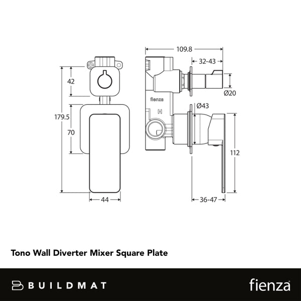 Fienza Tono Wall Diverter Mixer Square Plates Gun Metal