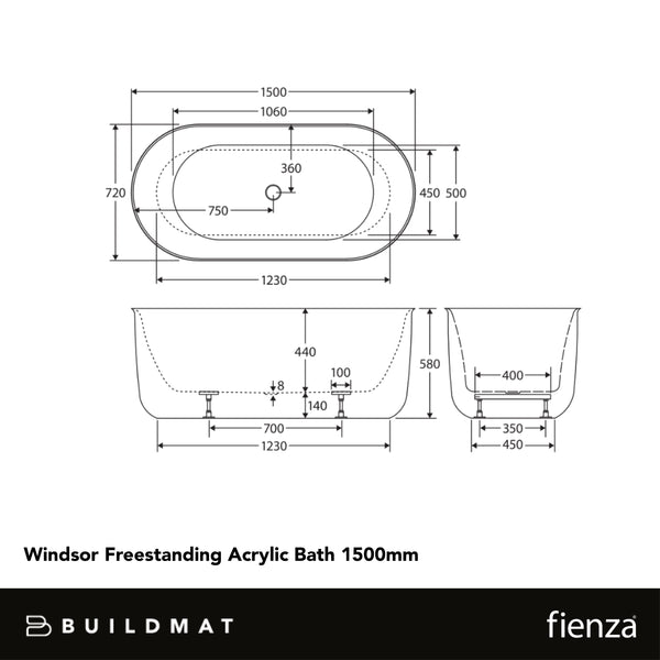 Fienza Windsor Freestanding Acrylic Bath 1500mm Matte Black