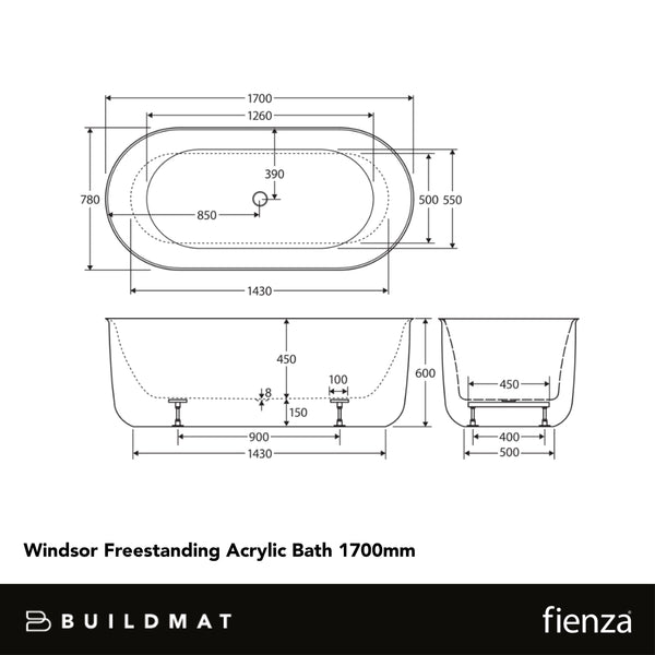 Fienza Windsor Freestanding Acrylic Bath 1700mm Gloss White