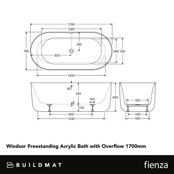 Fienza Windsor Freestanding Acrylic Bath with Overflow 1700mm Matte Black