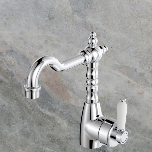 Fienza Eleanor Shepherds Crook Basin Mixer with White Ceramic Handle Chrome Lead Free