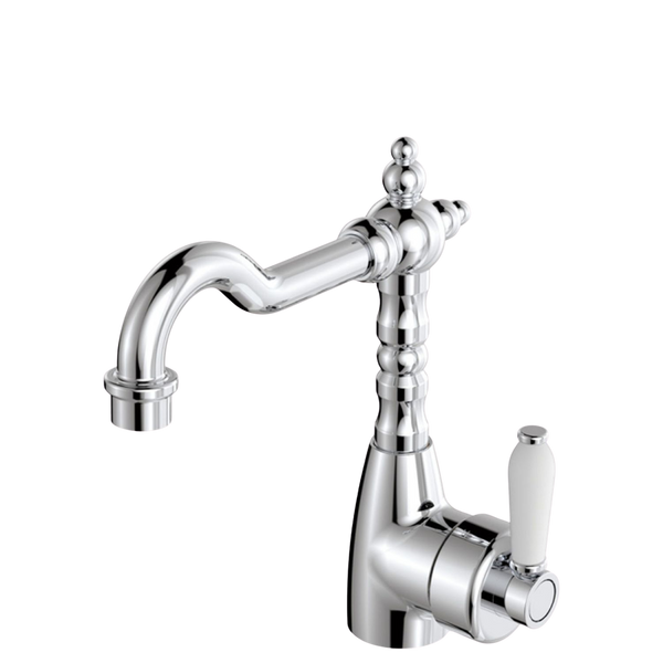 Fienza Eleanor Shepherds Crook Basin Mixer with White Ceramic Handle Chrome Lead Free