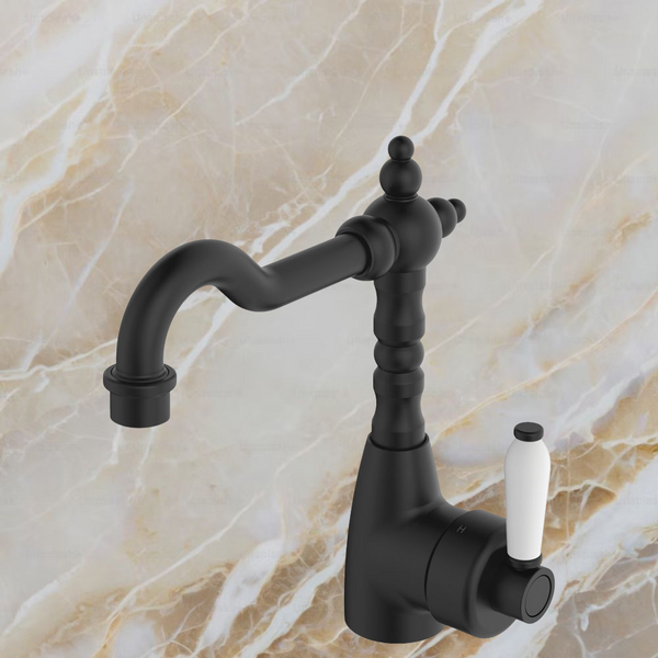 Fienza Eleanor Shepherds Crook Basin Mixer Matte Black with Ceramic Handle