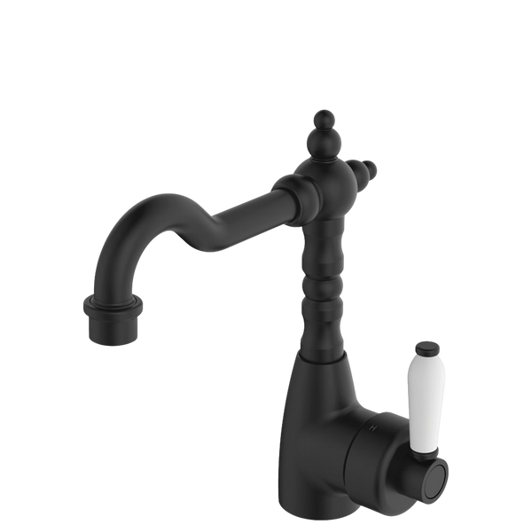 Fienza Eleanor Shepherds Crook Basin Mixer Matte Black with Ceramic Handle