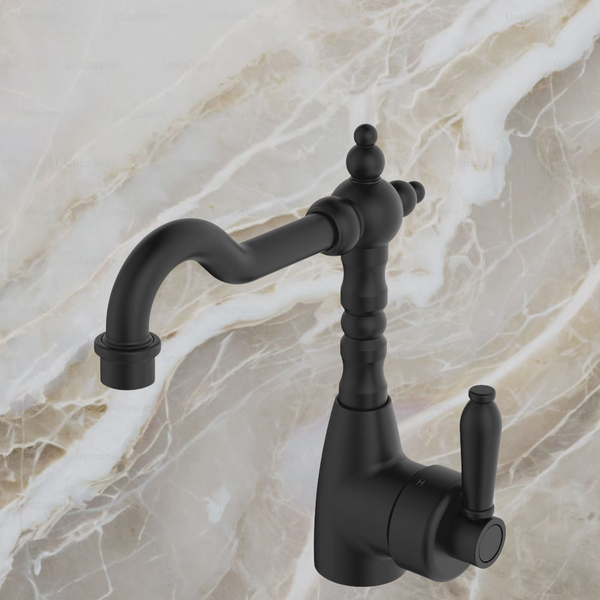 Fienza Eleanor Shepherds Crook Basin Mixer Matte Black with Matte Black Handle