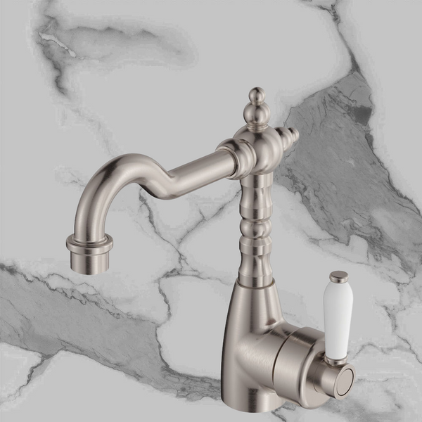 Fienza Eleanor Shepherds Crook Basin Mixer Brushed Nickel with Ceramic Handle