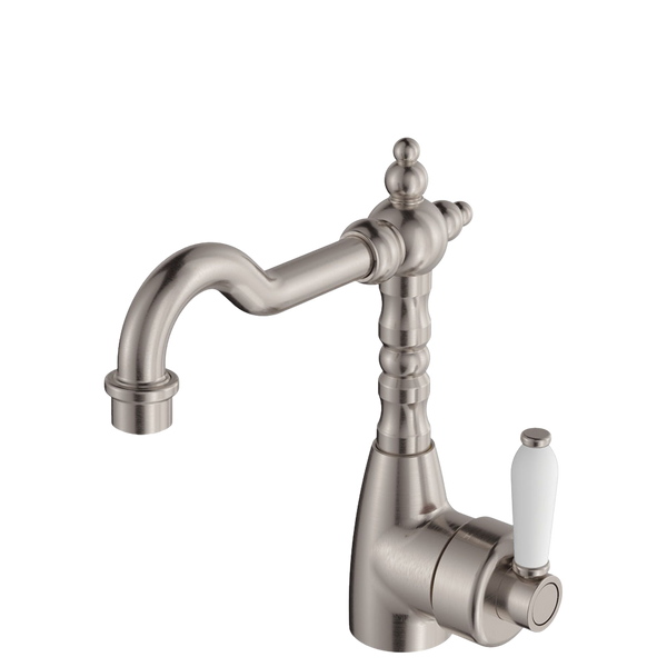 Fienza Eleanor Shepherds Crook Basin Mixer Brushed Nickel with Ceramic Handle