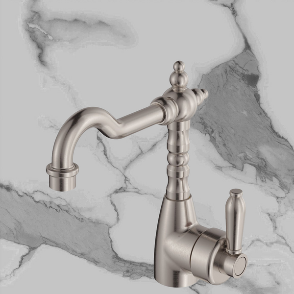 Fienza Eleanor Shepherds Crook Basin Mixer Brushed Nickel with Brushed Nickel Handle
