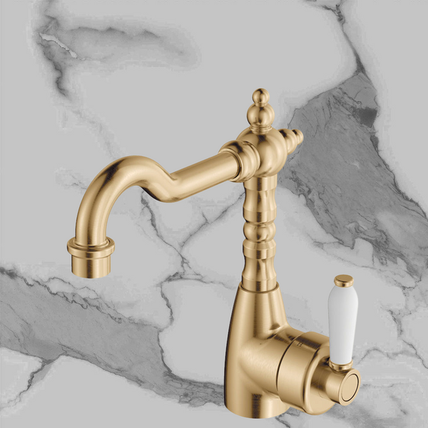 Fienza Eleanor Shepherds Crook Basin Mixer Urban Brass with Ceramic Handle