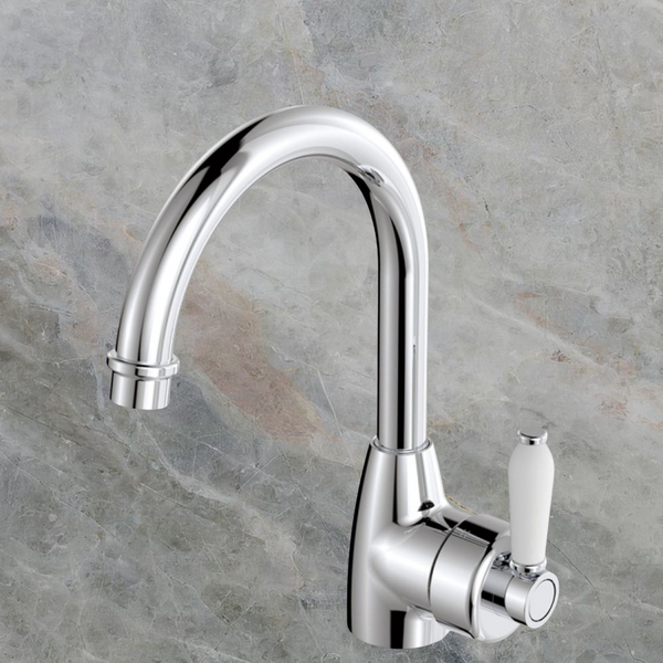 Fienza Eleanor Gooseneck Basin Mixer with White Ceramic Handle Chrome Lead Free