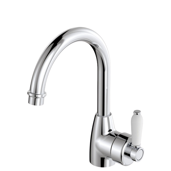 Fienza Eleanor Gooseneck Basin Mixer with White Ceramic Handle Chrome Lead Free
