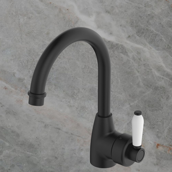 Fienza Eleanor Gooseneck Basin Mixer Matte Black with Ceramic Handle