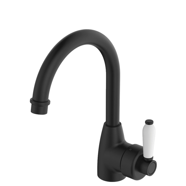 Fienza Eleanor Gooseneck Basin Mixer Matte Black with Ceramic Handle