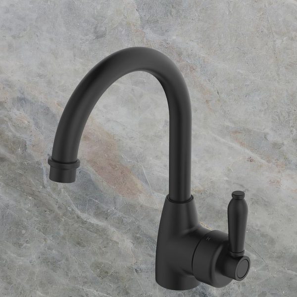 Fienza Eleanor Gooseneck Basin Mixer Matte Black with Matte Black Handle