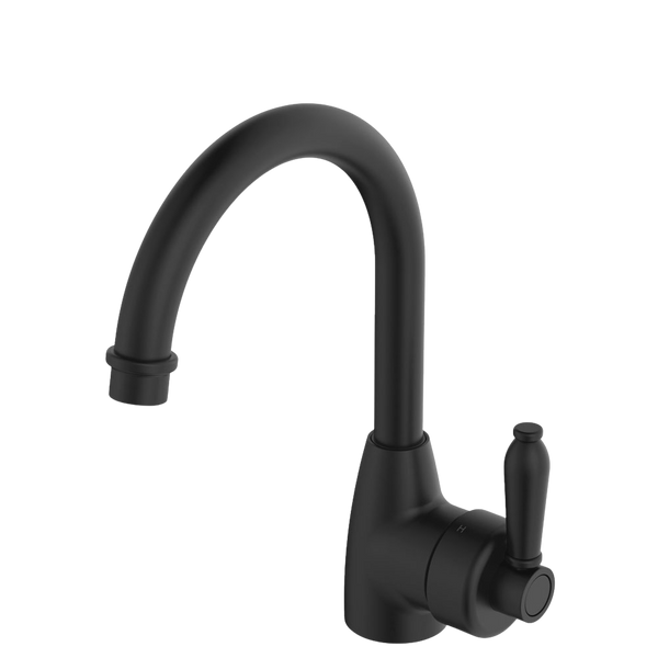 Fienza Eleanor Gooseneck Basin Mixer Matte Black with Matte Black Handle