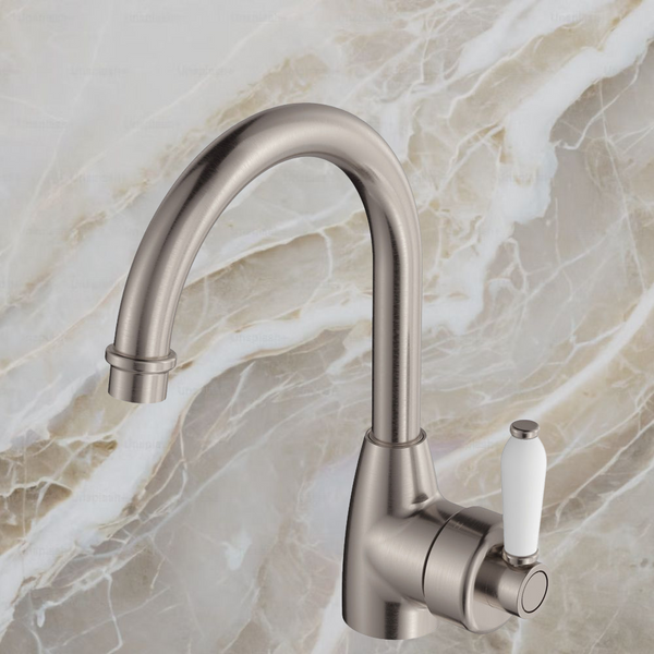 Fienza Eleanor Gooseneck Basin Mixer Brushed Nickel with Ceramic Handle