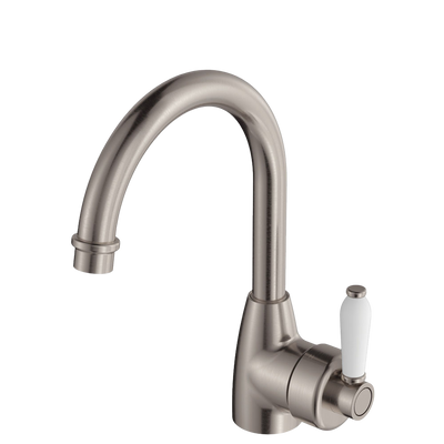 Fienza Eleanor Gooseneck Basin Mixer Brushed Nickel with Ceramic Handle