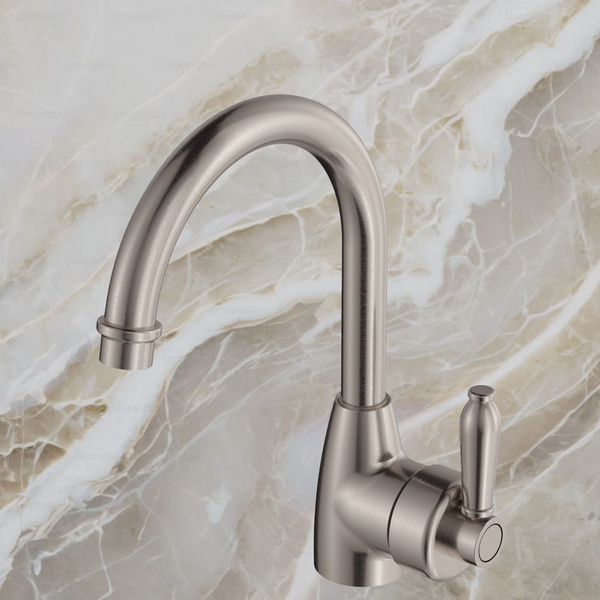 Fienza Eleanor Gooseneck Basin Mixer Brushed Nickel with Burshed Nickel Handle