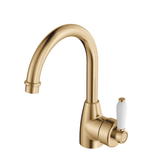 Fienza Eleanor Gooseneck Basin Mixer Urban Brass with Ceramic Handle