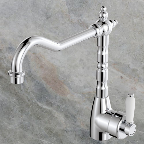 Fienza Eleanor Shepherds Crook Kitchen Sink Mixer with White Ceramic Handle Chrome Lead Free