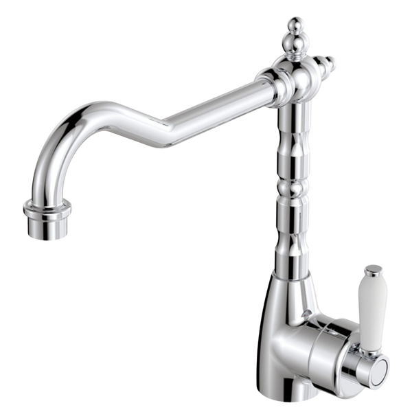 Fienza Eleanor Shepherds Crook Kitchen Sink Mixer with White Ceramic Handle Chrome Lead Free