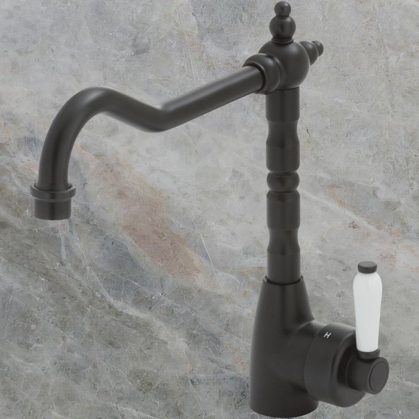 Fienza Eleanor Shepherds Crook Kitchen Sink Mixer with White Ceramic Handle Matte Black Lead Free