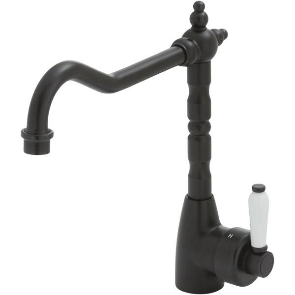 Fienza Eleanor Shepherds Crook Kitchen Sink Mixer with White Ceramic Handle Matte Black Lead Free
