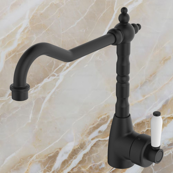 Fienza Eleanor Shepherds Crook Sink Mixer Matte Black with Ceramic Handle