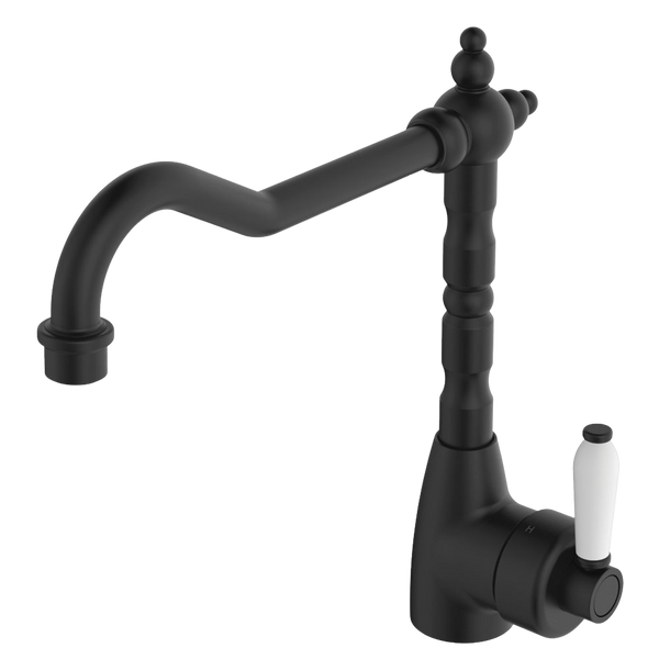 Fienza Eleanor Shepherds Crook Sink Mixer Matte Black with Ceramic Handle