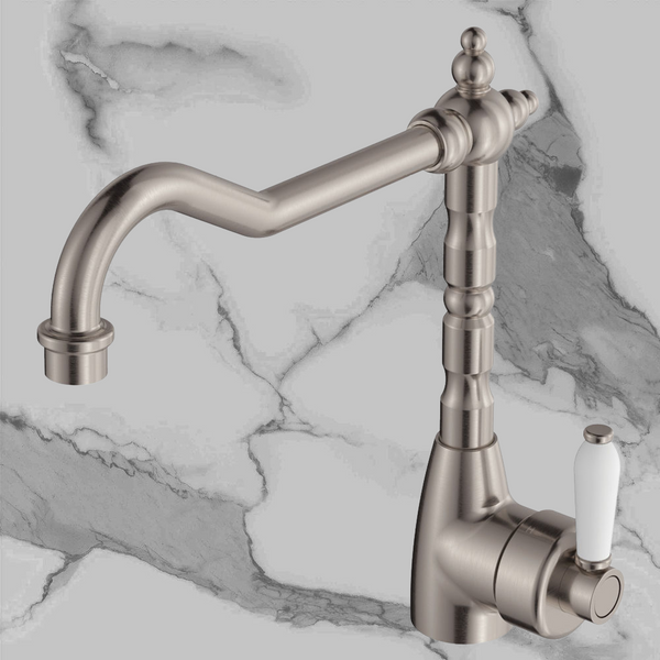Fienza Eleanor Shepherds Crook Sink Mixer Brushed Nickel with Ceramic Handle