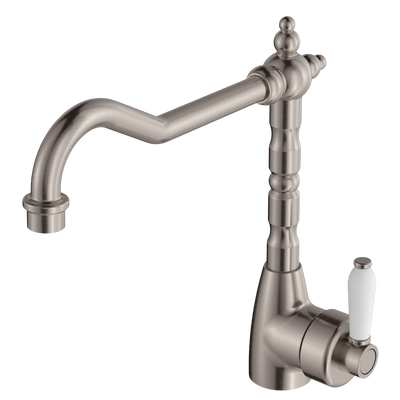 Fienza Eleanor Shepherds Crook Sink Mixer Brushed Nickel with Ceramic Handle Lead Free