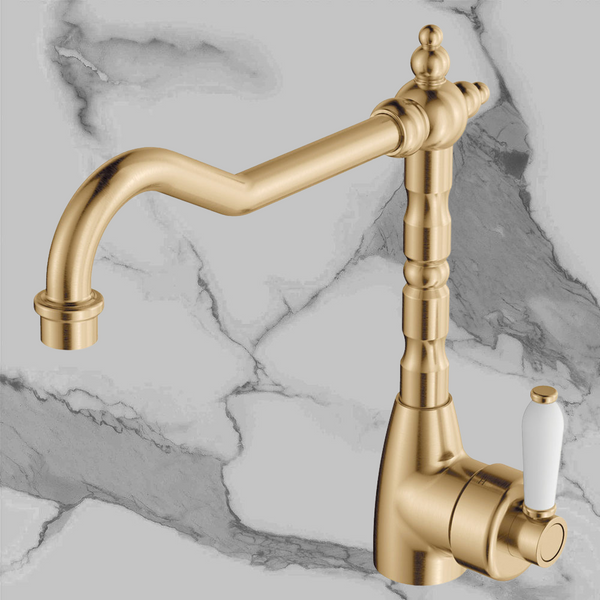 Fienza Eleanor Shepherds Crook Sink Mixer Urban Brass with Ceramic Handle