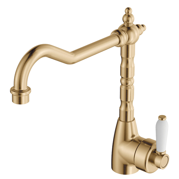 Fienza Eleanor Shepherds Crook Sink Mixer Urban Brass with Ceramic Handle