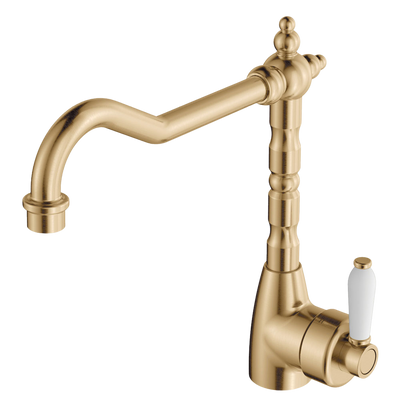 Fienza Eleanor Shepherds Crook Sink Mixer Urban Brass with Ceramic Handle Lead Free