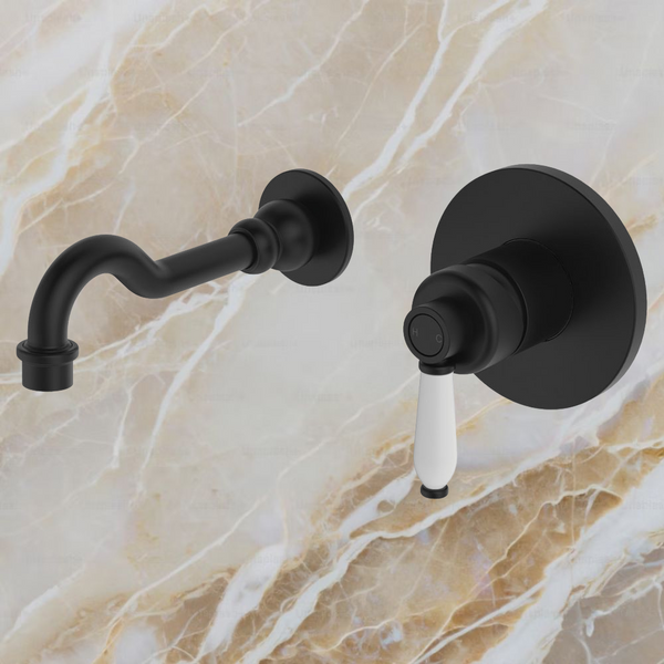 Fienza Eleanor Wall Basin Mixer Set Matte Black with Ceramic Handle