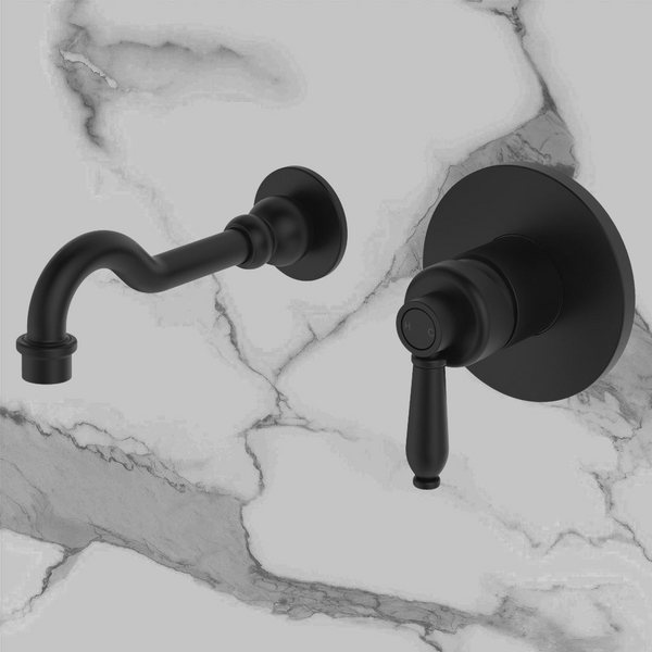 Fienza Eleanor Wall Basin Mixer Set Matte Black with Matte Black Handle