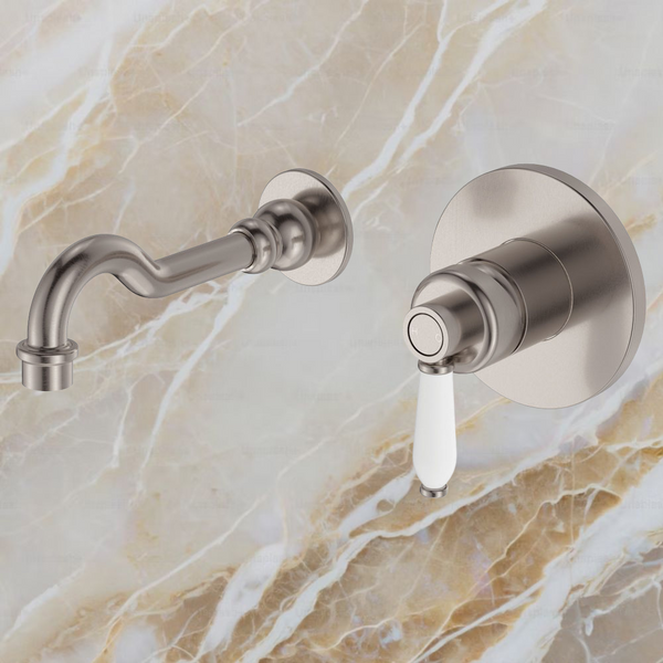 Fienza Eleanor Wall Basin Mixer Set Brushed Nickel with Ceramic Handle