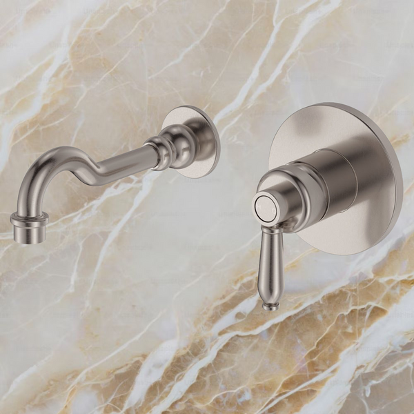 Fienza Eleanor Wall Basin Mixer Set Brushed Nickel with Brushed Nickel Handle