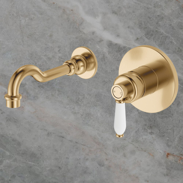 Fienza Eleanor Wall Basin Mixer Set Urban Brass with Ceramic Handle