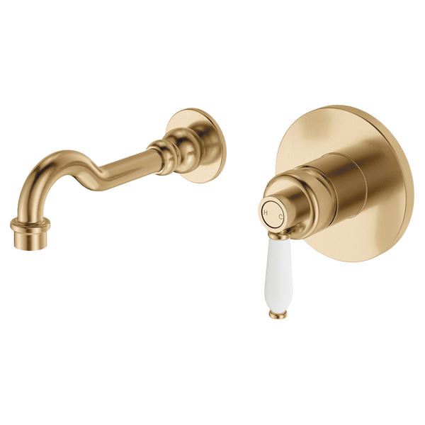 Fienza Eleanor Wall Basin Mixer Set Urban Brass with Ceramic Handle