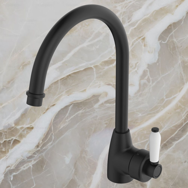 Fienza Eleanor Gooseneck Sink Mixer Matte Black with Ceramic Handle