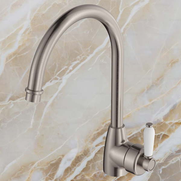 Fienza Eleanor Gooseneck Sink Mixer Brushed Nickel with Ceramic Handle
