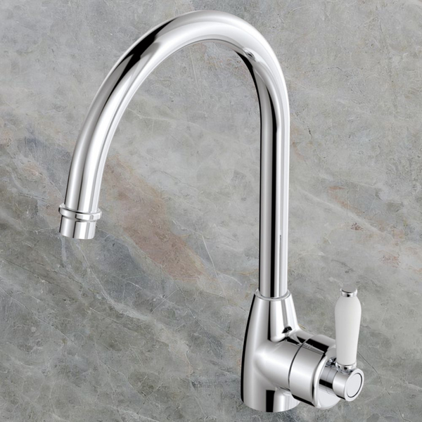 Fienza Eleanor Gooseneck Kitchen Mixer with White Ceramic Handle Chrome Lead Free